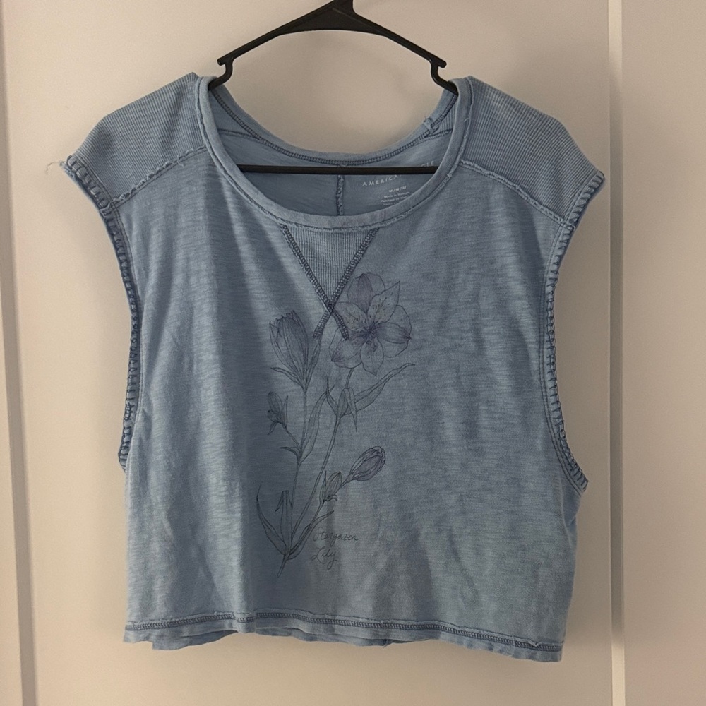 American Eagle Outfitters Blue Graphic Crop Muscle Tee